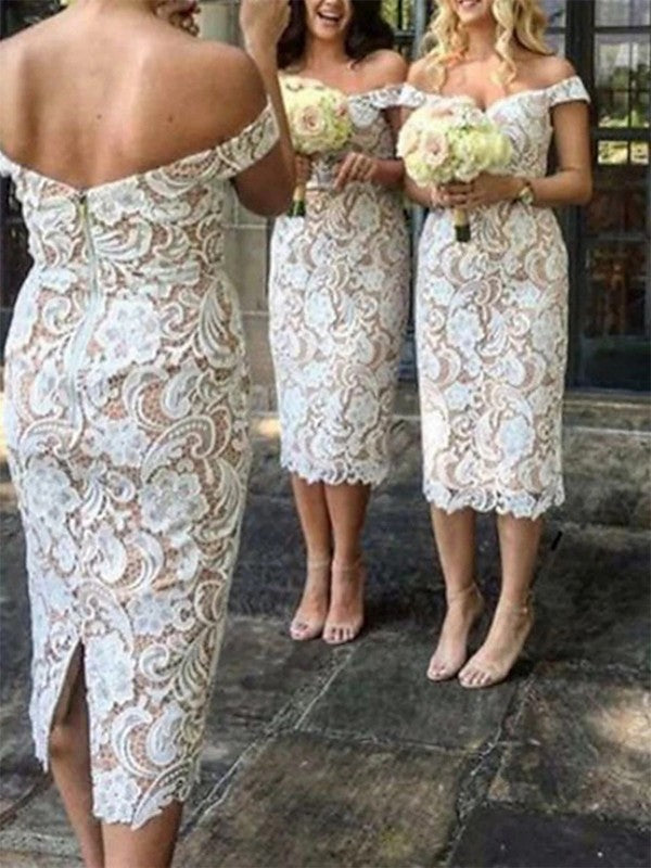 Wholesale Sheath/Column Lace Applique Off-the-Shoulder Sleeveless Tea-Length Bridesmaid Dresses